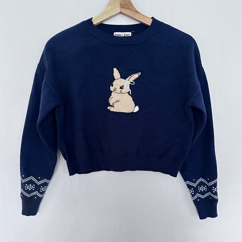 Navy blue Cropped Bunny Knit Sweater Coquette Kawaii Preppy Bow Soft Rayon Blend